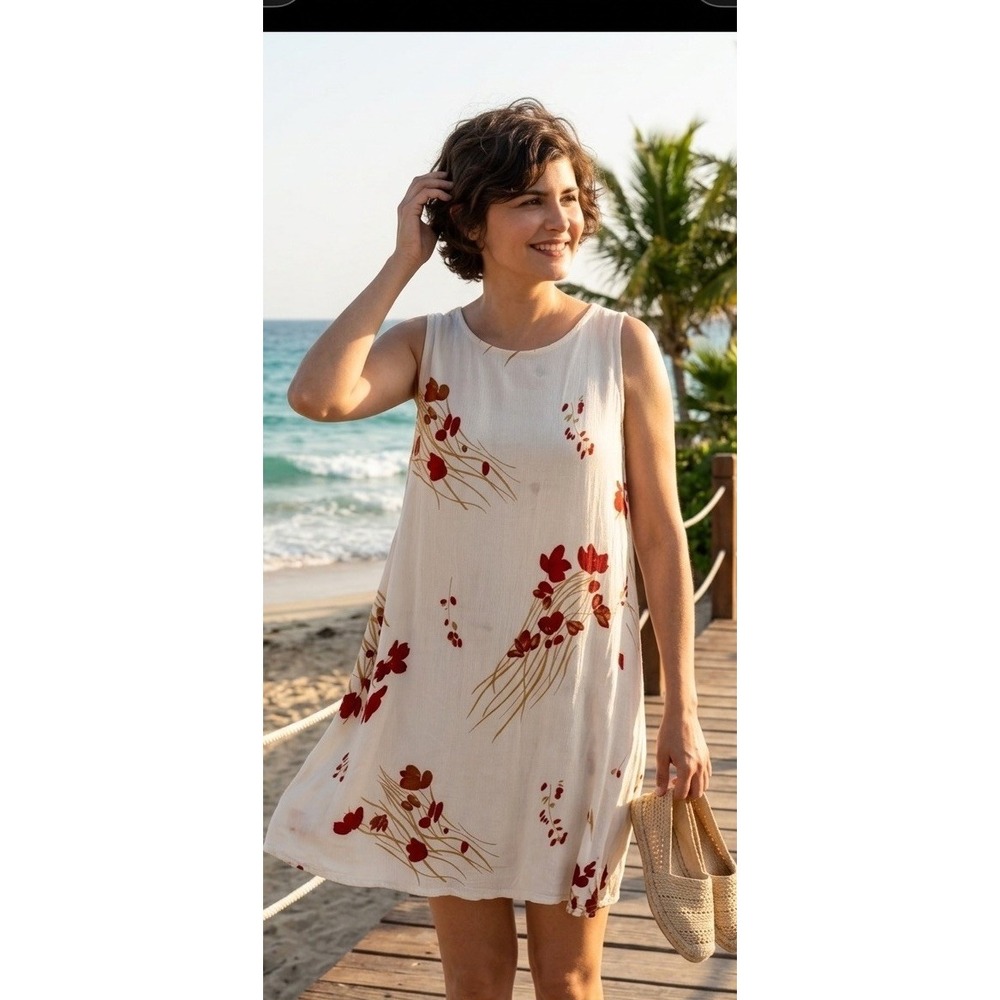Hibiscus Collection Hawaii Shift Dress Coverup One Size Cream Red Flowers Rayon